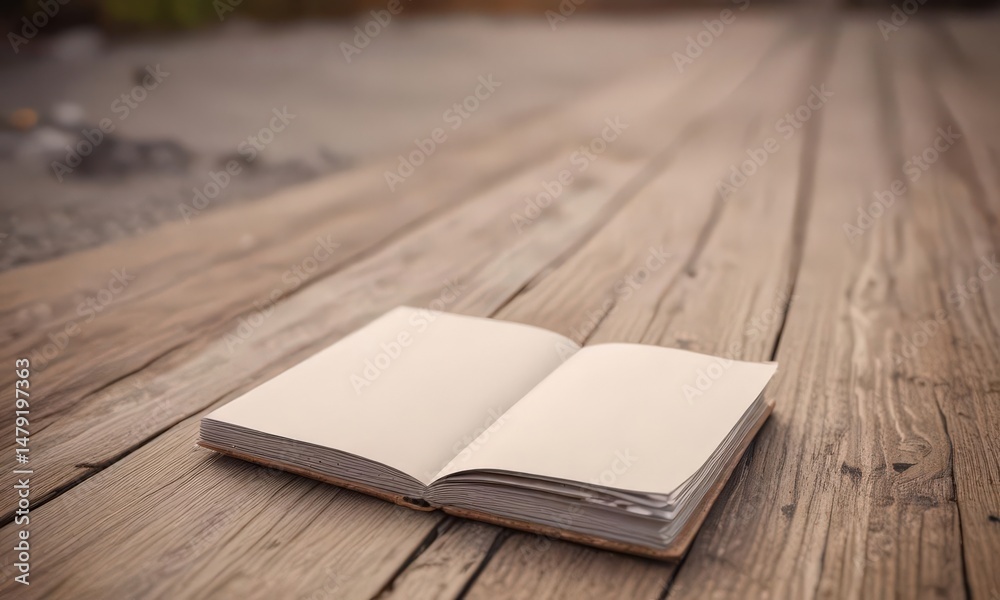 Fototapeta premium Empty booklet mock-up, wooden surface, soft-focus outdoor scene, photography, rustic