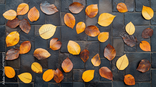 Autumn leaves on textured paving