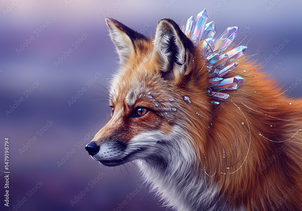 Fototapeta premium Red fox portrait with crystal crown fantasy wildlife illustration