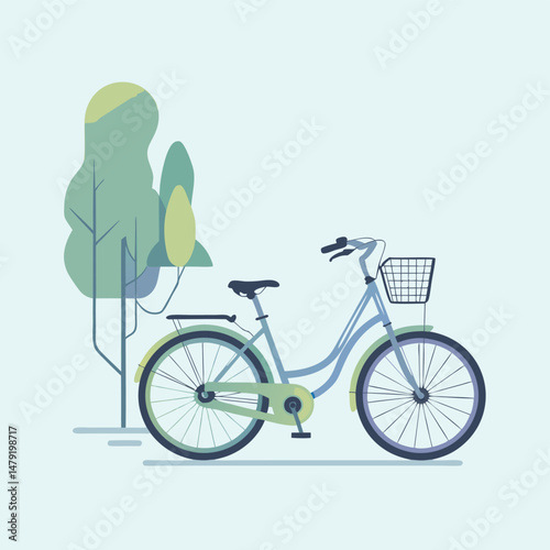 Urban city bike illustration with pastel colors and minimal tree