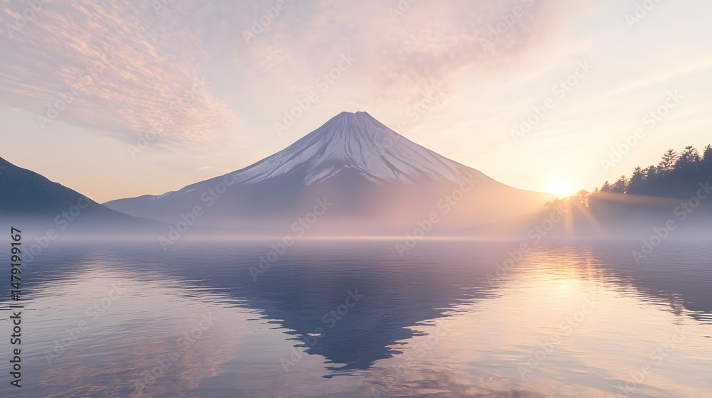 Fototapeta premium Peaceful mountain landscape at sunrise over a tranquil lake.