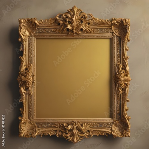 Ornate gold scroll frame, vintage style, royal aesthetic,  engraving, gold