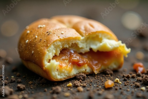 Close-up, half-eaten discarded meal, dirt-stained ground, misery, empty stomach, unhygienic