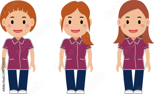 笑顔で両手を下ろし、えんじ色の制服を着た看護師の女性。その2