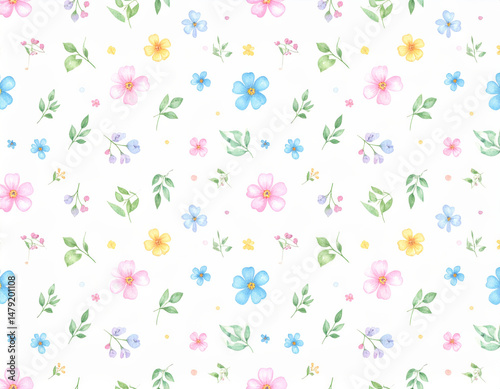 watercolor floral pattern featuring various flowers in shades of pink, blue, and yellow, complemented by delicate green leaves, creating cheerful and fresh atmosphere