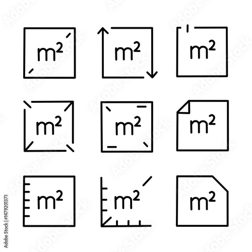 Set of Square Meter Measurement Icons in Line Style – Vector Symbol Collection
