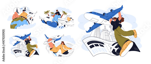 Concept set of air flight. Passengers fly on plane with tickets, passport. People travel abroad by airplane. Characters are in trip by aircraft. Flat isolated vector illustrations on white background