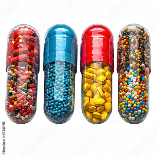 Colorful Capsules Filled With Various Pills and Granules on a Transparent Background photo