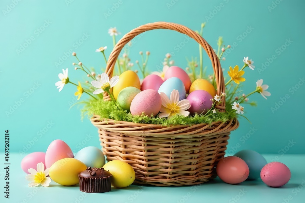 Colorful Easter baskets overflowing with pastel eggs, spring flowers, and chocolate treats Festive springtime arrangement , grass, candy Colorful Easter baskets overflowing with pastel eggs, spring flowers, and chocolate treats Festive springtime arrangement , grass, candy