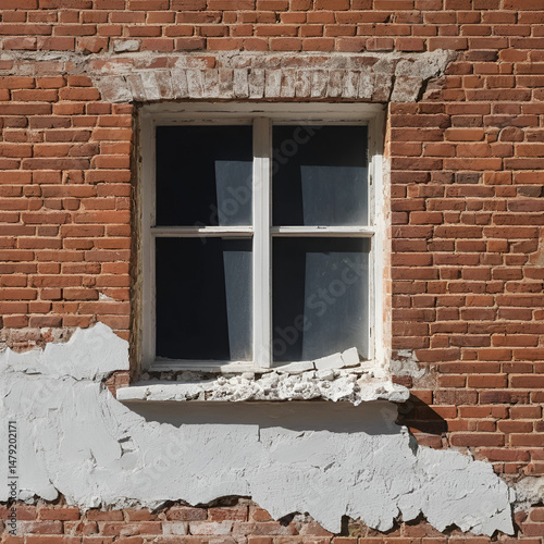 Partially exposed brick wall with peeling plaster near indoor window.