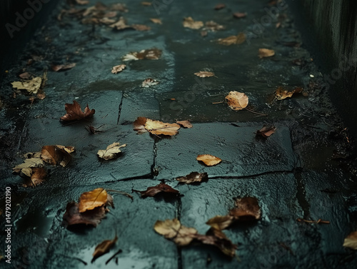 Rainsoaked pavement lined with autumn leaves