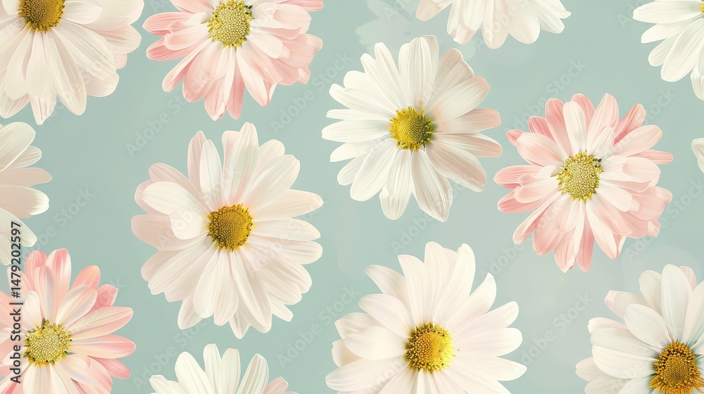 Obraz premium Arrangement of white and pink daisies with yellow centers on a light blue background pattern