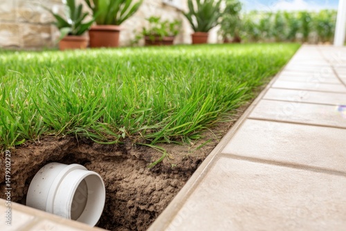 White plastic pipe installed under ground, between grass lawn and tiled pathway, for irrigation or drainage system in a backyard. photo