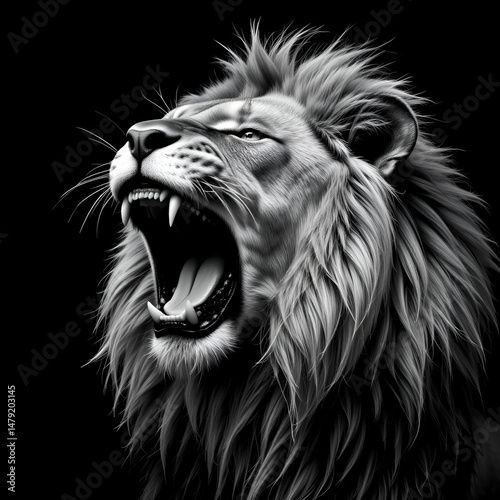 Dramatic black and white portrait of a roaring lion on a black background.