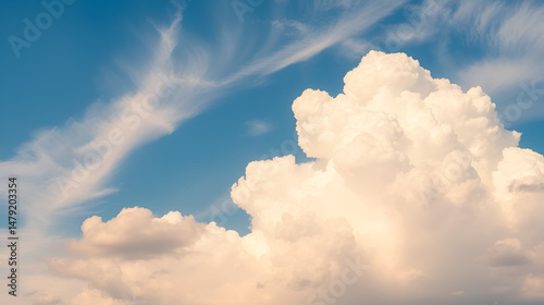 cirrus and cumulus reverse on a blue sky background on a sunny summer day in good weather
