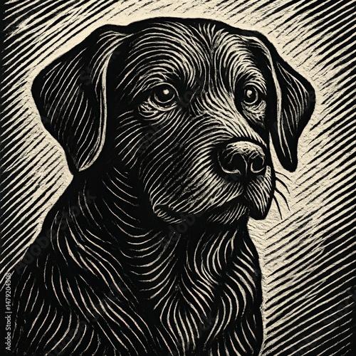 Black and white linocut portrait of a labrador retriever