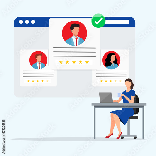 A woman as HR manager sitting on chair with drinking coffee to searching for potential job candidates and analyzing curriculum vitae. Job recruitment process concept.