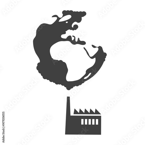 A stylized factory emits thick black smoke from its chimney, which transforms into a globe shape. The continents emerge from the smoke, symbolizing the global impact of industrial pollution.