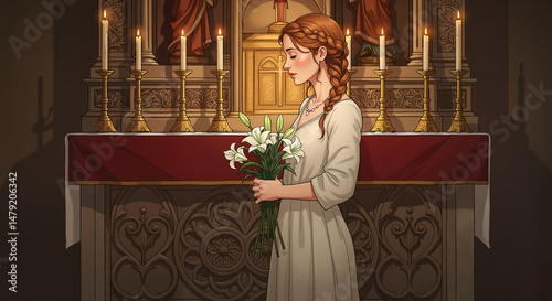 Young woman holding bouquet of lilies in candlelit chapel  