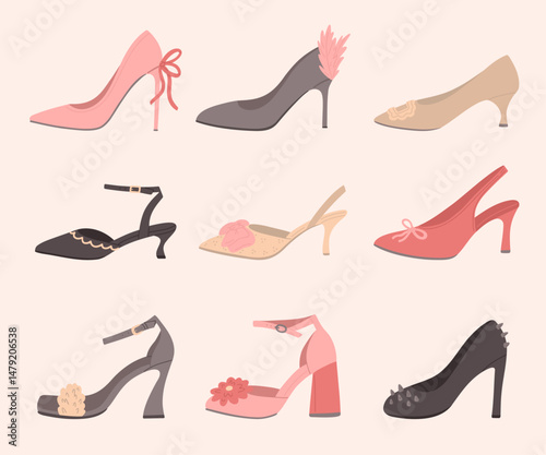High heels shoes illustration set. Modern trendy shoes. Festival female footwear. Stylish clothes flat cartoon collection. Vector design elements