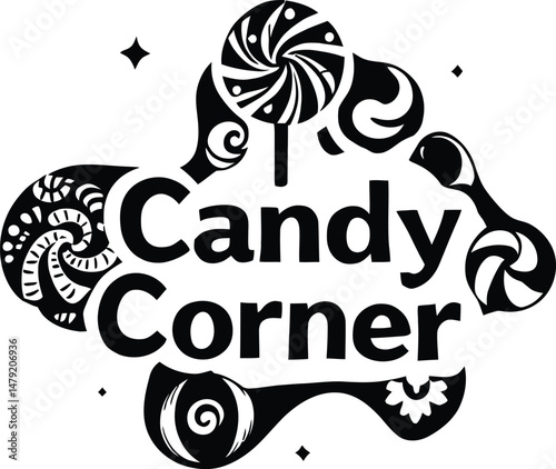 Candy Corner Whimsical Logo: Black and White Vector Design with Lollipops and Decorative Swirls