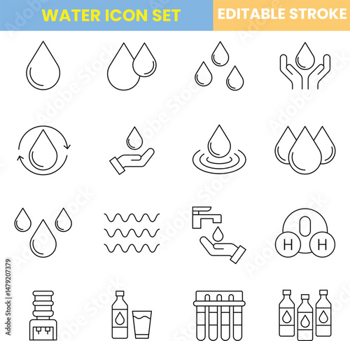 Water icon set, purification, filter, rain drops, pure, save water, customizable stroke, vector, illustration