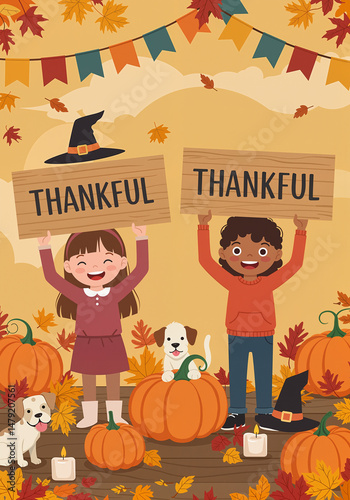 Children holding thankful signs surrounded by pumpkins in autumn  