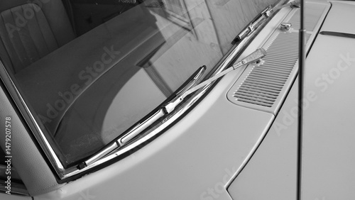 Vintage Car Windshield Closeup Black White Horizontal Minimalist Classic Retro Automotive Theme