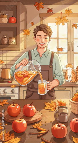 Young man pouring apple juice into glass in a cozy autumn kitchen  