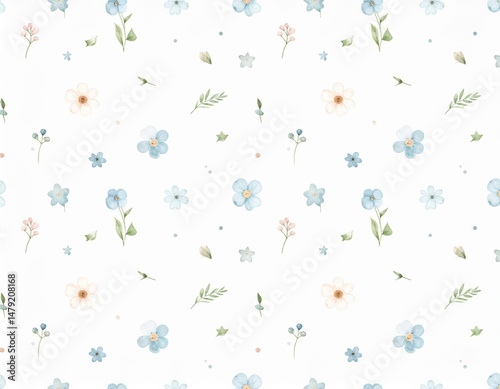 Fototapeta Naklejka Na Ścianę i Meble -  Delicate floral pattern featuring soft blue and pink flowers, leaves, and small accents on white background, creating serene and charming atmosphere