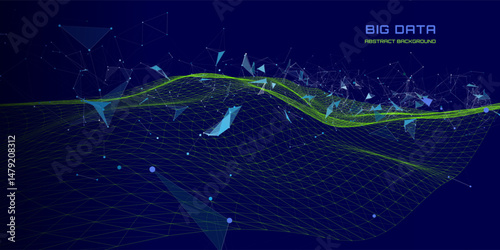 Futuristic background wavy grid quantum computing with poligons broken data on dark . Digital technology concept research lost bytes in ciberspace. Big data.