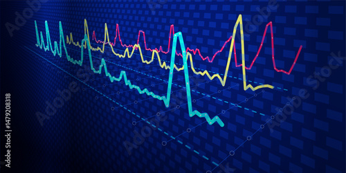 Abstract  background monitor screen of graph lines on blue. Technology concept analytical  data.  Banner for business, science and technology data analytics. Big Data.