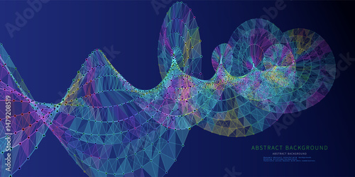 Abstract grid helix from color polygons in dark cyberspace. Rotating DNA shape wireframe connecting circles.