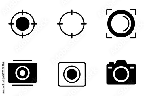 Camera lens focus target photography icons set art