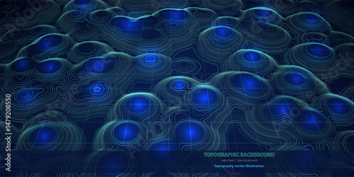 Abstract topographic map on dark blue background. Lines contour map. Wavy lines geo backdrop. Geography concept 3D.
