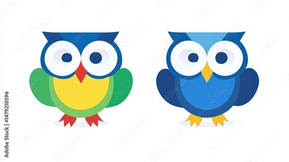 Obraz premium Colorful Cartoon Owls with Big Eyes and Playful Expressions
