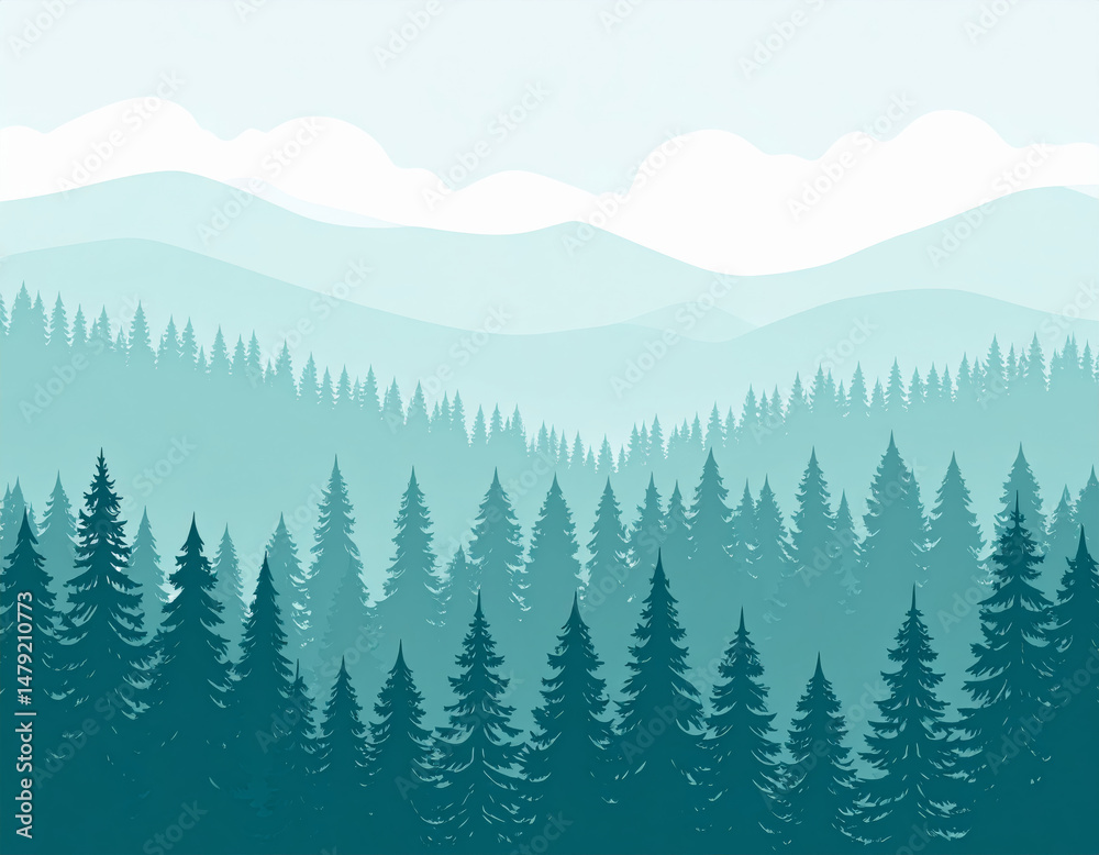 Fototapeta premium serene misty forest landscape featuring layers of evergreen trees and distant mountains under soft sky. tranquil atmosphere evokes sense of peace and connection to nature