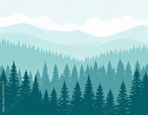 serene misty forest landscape featuring layers of evergreen trees and distant mountains under soft sky. tranquil atmosphere evokes sense of peace and connection to nature