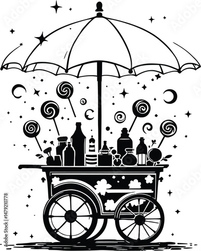 Enchanted Candy Cart: Whimsical Black and White Illustration of a Street Vendor's Wagon with Umbrella, Lollipops, Bottles, Stars, and Moons