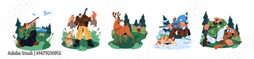 Set of chase season. Hunter with dog treks game in the forest. Shooters are hunting for wild animals, shooting preys: deer, ducks with rifle. Flat isolated vector illustrations on white background