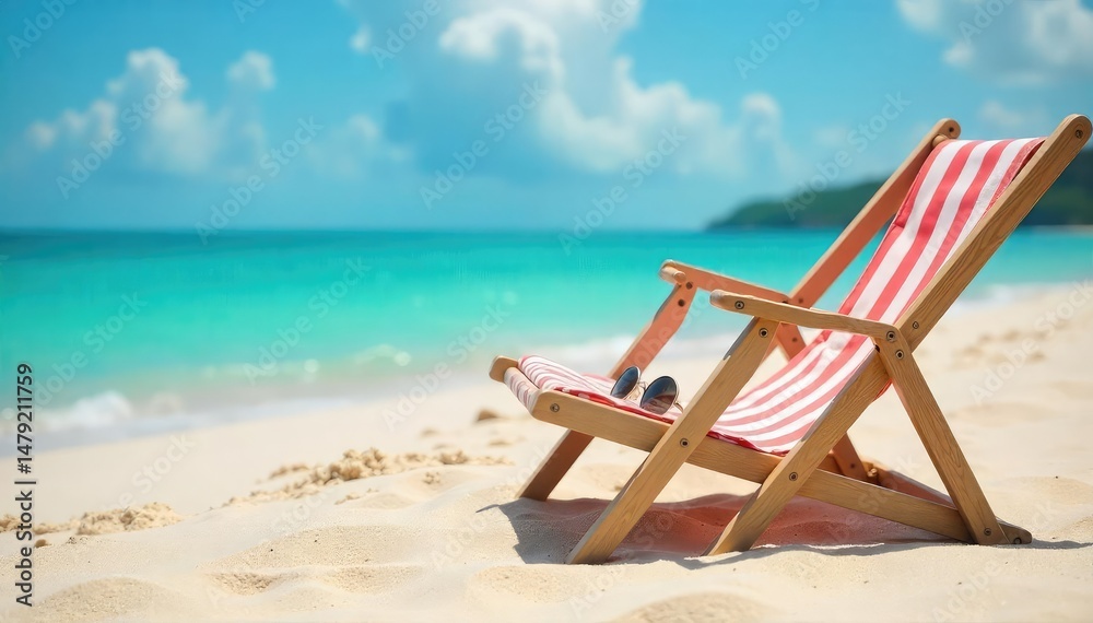 Overturned beach chair in sand, sunglasses perched on top , seaside, shovel, beach scene Overturned beach chair in sand, sunglasses perched on top , seaside, shovel, beach scene
