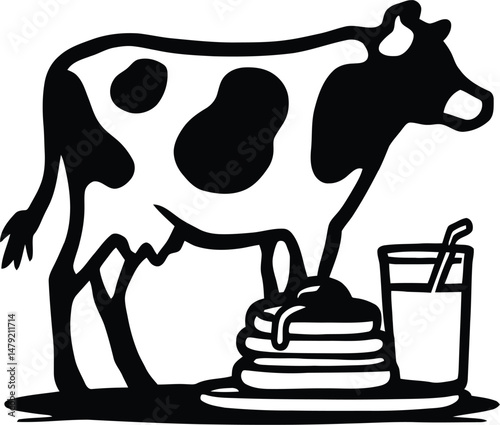 Whimsical Dairy Delight: A Cartoon Cow Standing Over a Stack of Pancakes with Dripping Syrup, Beside a Glass of Milk with a Straw - Black and White Vector Illustration