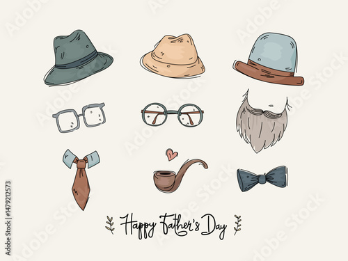 Happy Father's Day greeting card with hats and glasses