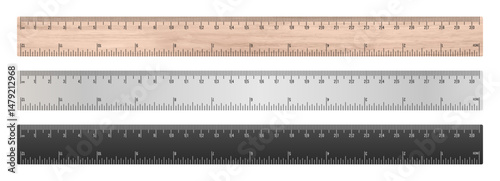 School rulers in centimeters. Set of three rulers isolated on a white background. Wooden ruler with inch and centimeter markings