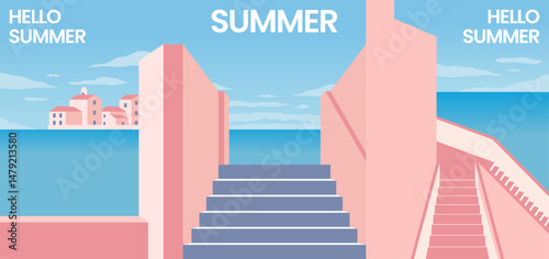 Minimalist summer seaside illustration with pastel colors and tropical vibes, featuring blue ocean and pink architecture, perfect for vacation and travel.