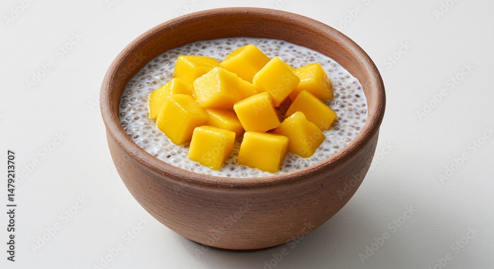 Delicious mango chia pudding sits in earthy bowl bathed in soft light. AI Generated Delicious mango chia pudding sits in earthy bowl bathed in soft light. AI Generated