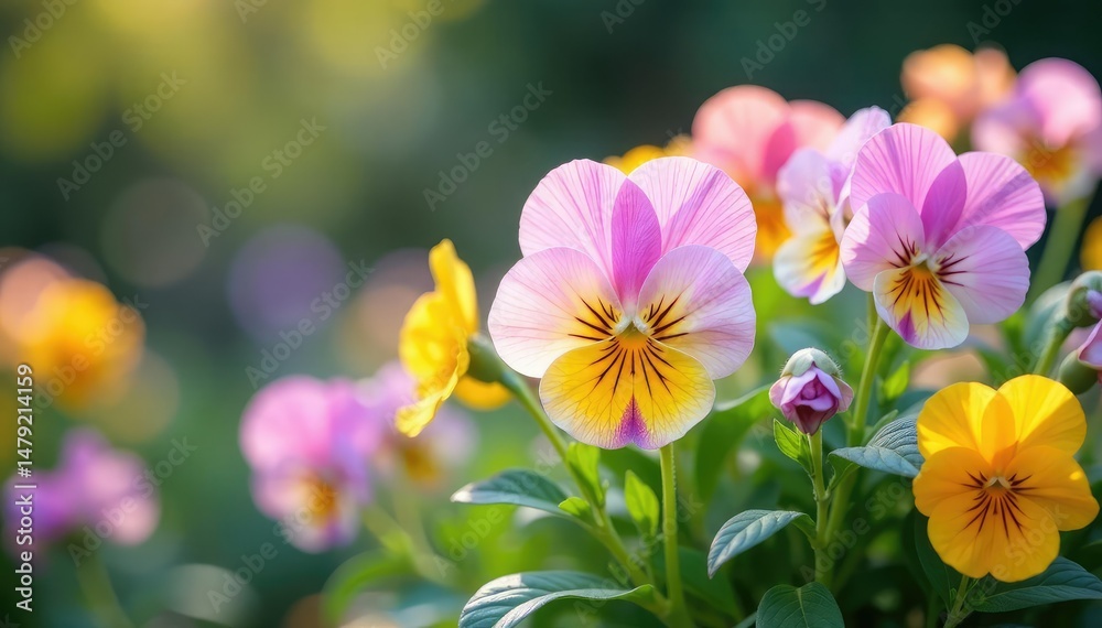 Soft pastel-colored pansies, lush garden setting, pastel, landscape, floral