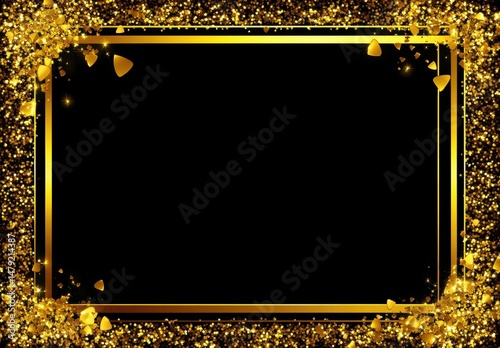 Gold glitter frame on black background