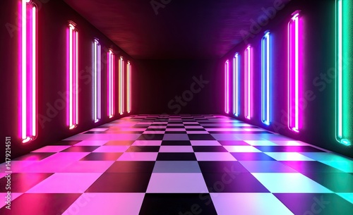 Wallpaper Mural A vibrant corridor featuring neon lights in various colors reflecting on a checkered floor. creating a dynamic atmosphere perfect for modern art or event photography Torontodigital.ca