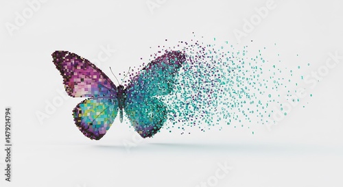 Vibrant butterfly dissolving into colorful pixels soft light background. AI Generated